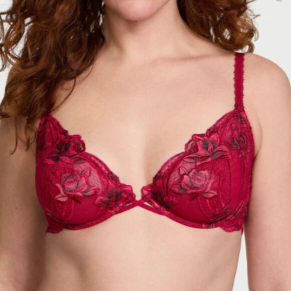 Victoria's Secret Very Sexy Red Rose Embroidery Unlined Demi Bra 36B Thong M Set - Picture 2 of 16